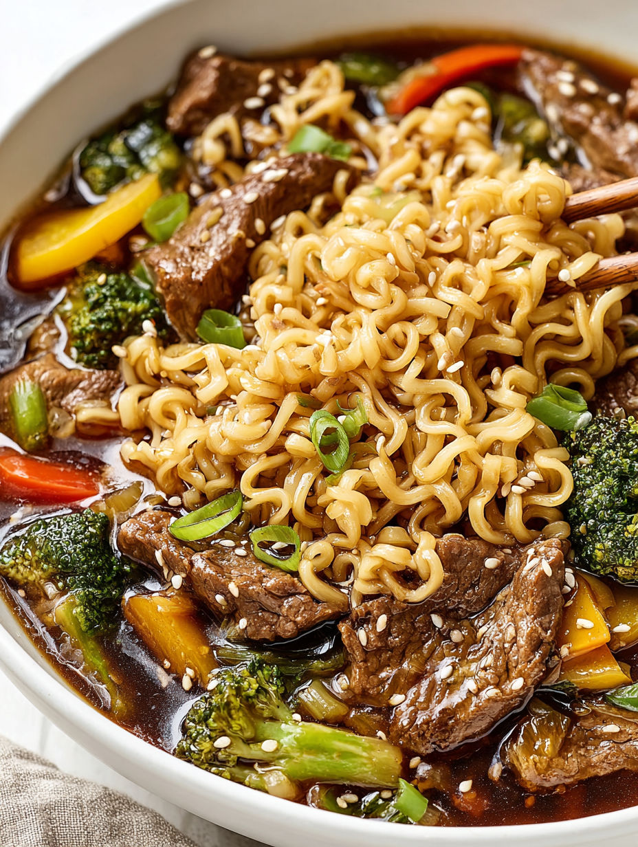 A bowl of beef ramen stir fry with noodles, broccoli, and carrots.