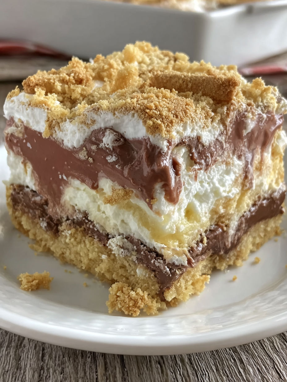 A slice of cake with chocolate and white frosting.