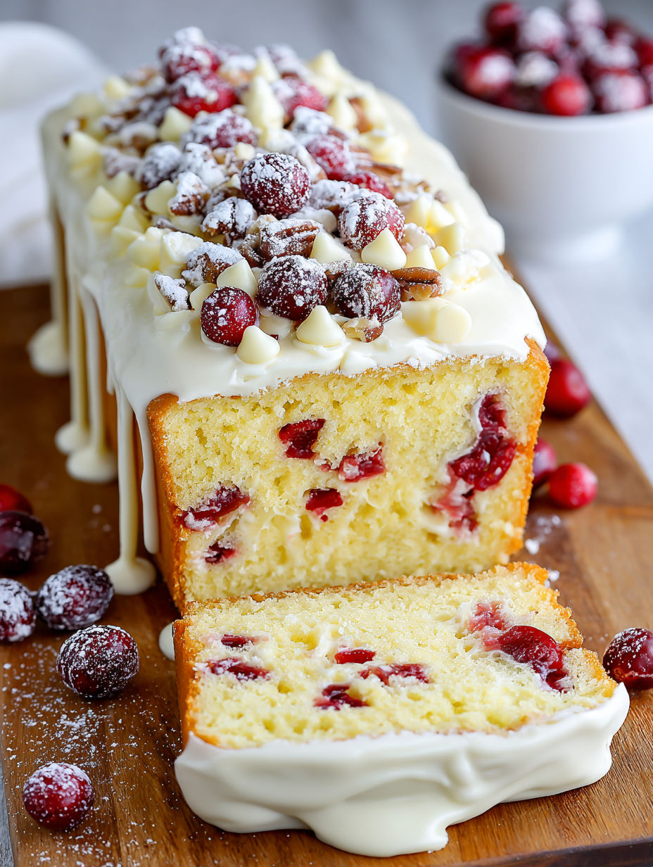 A slice of Christmas cranberry pound cake.
