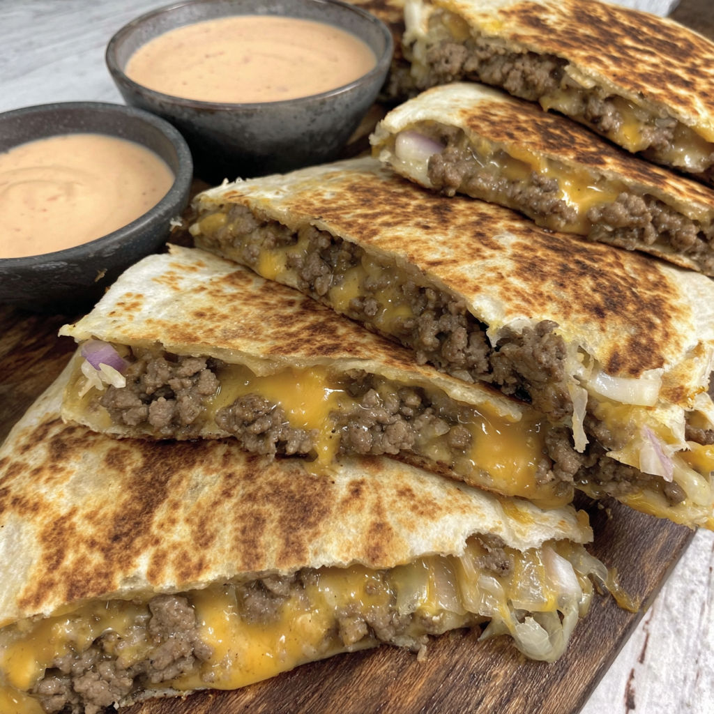 A stack of cheeseburger quesadillas with dipping sauce.