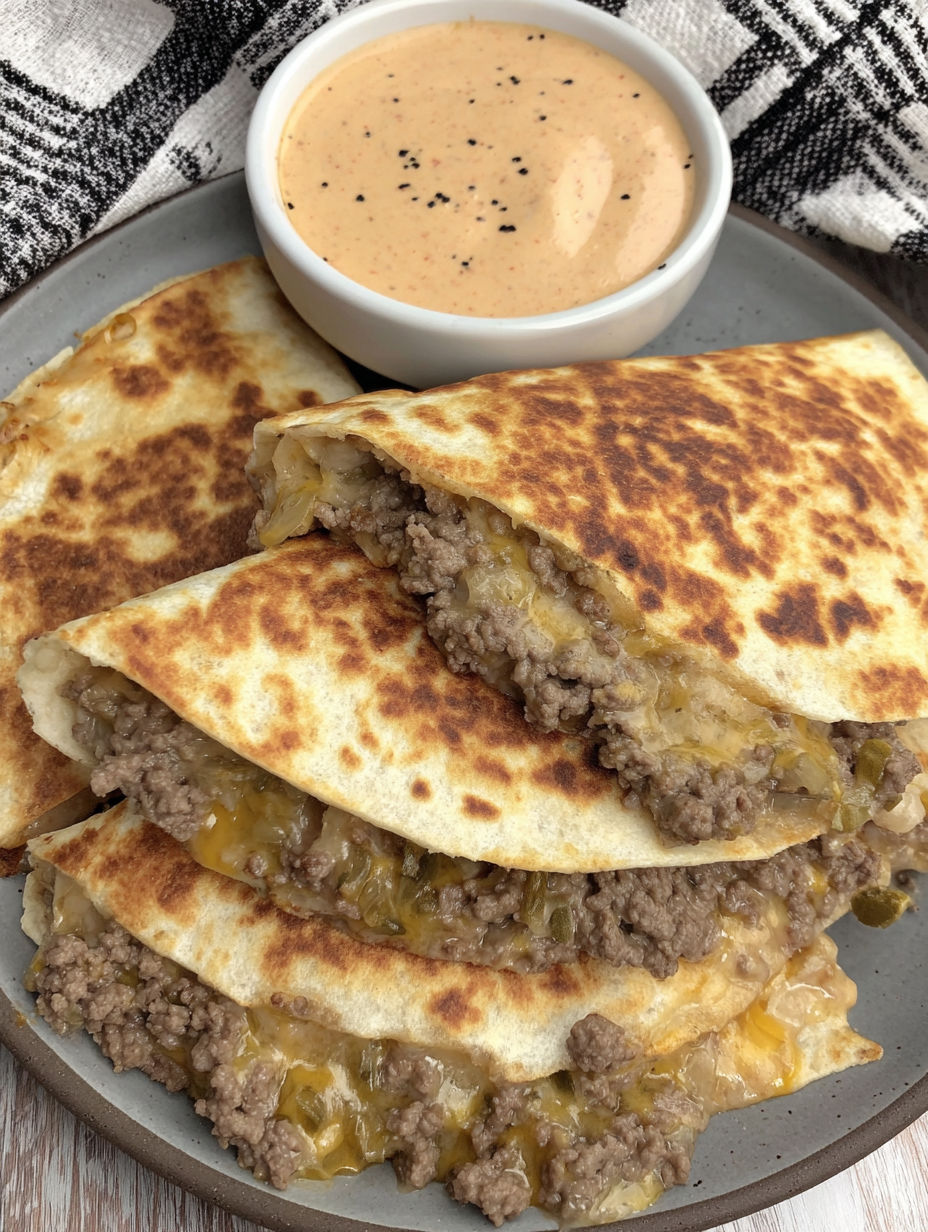A plate of cheeseburger quesadillas with a dipping sauce.