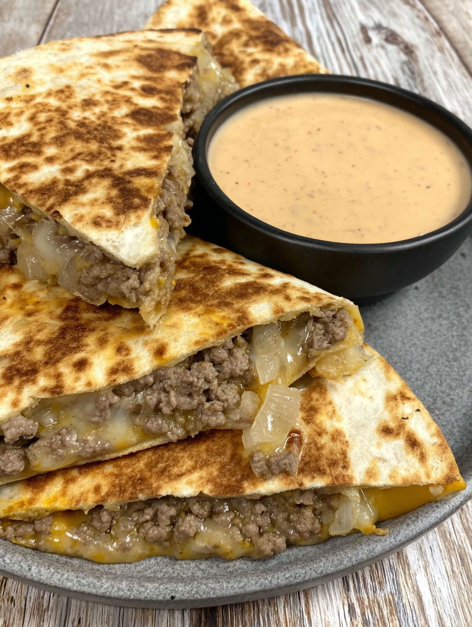 A plate of cheeseburger quesadillas with a bowl of dipping sauce.