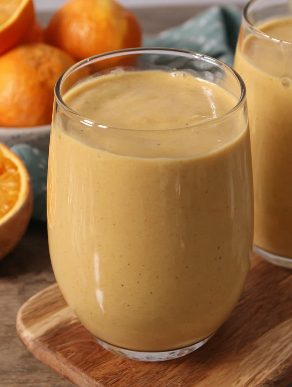 A glass of orange juice with a slice of orange in it.