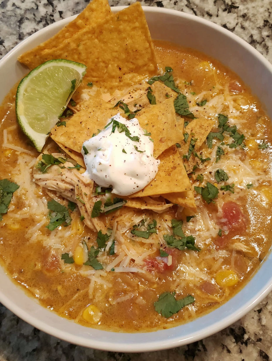 A bowl of chicken tortilla soup with a side of chips.