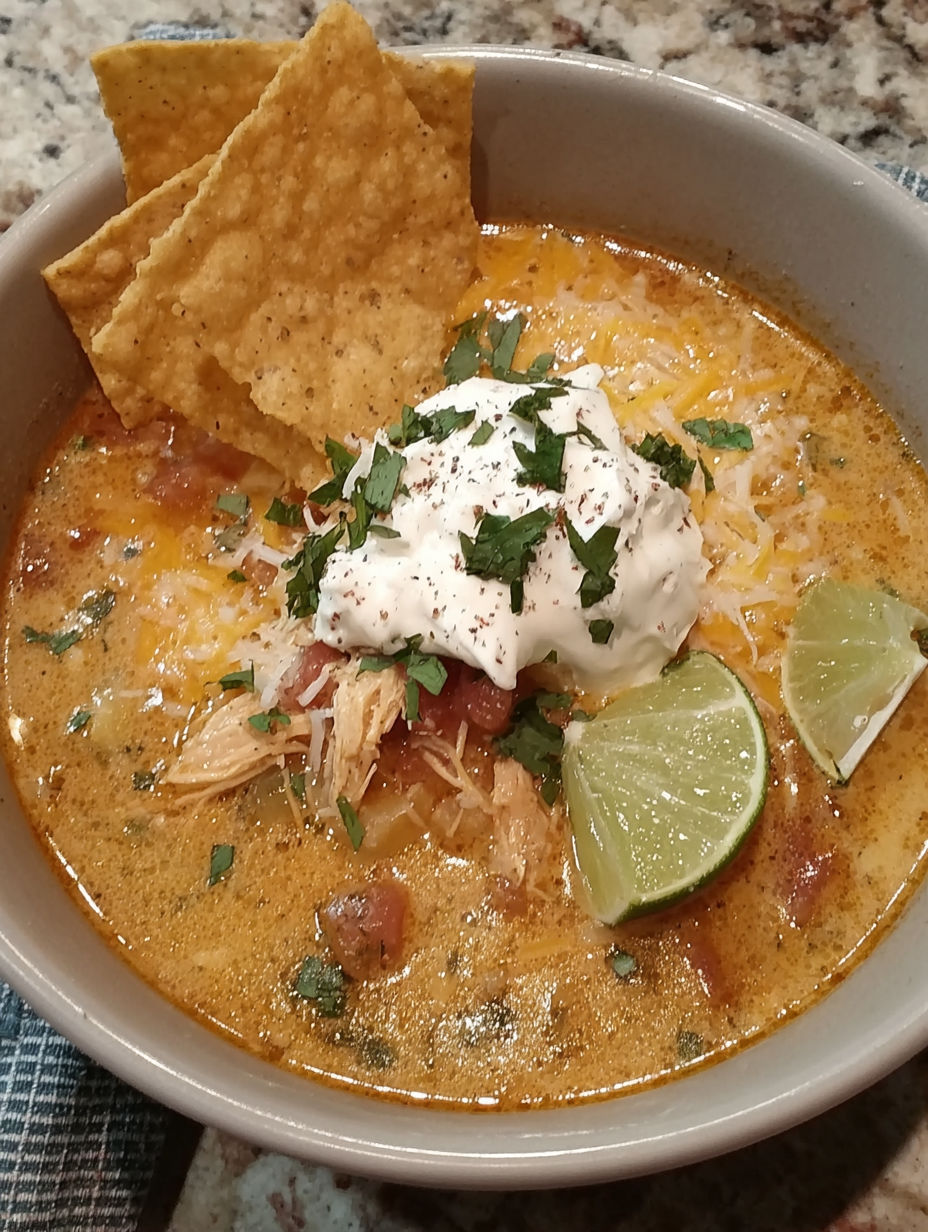 A bowl of chicken tortilla soup with a tortilla chip on top.