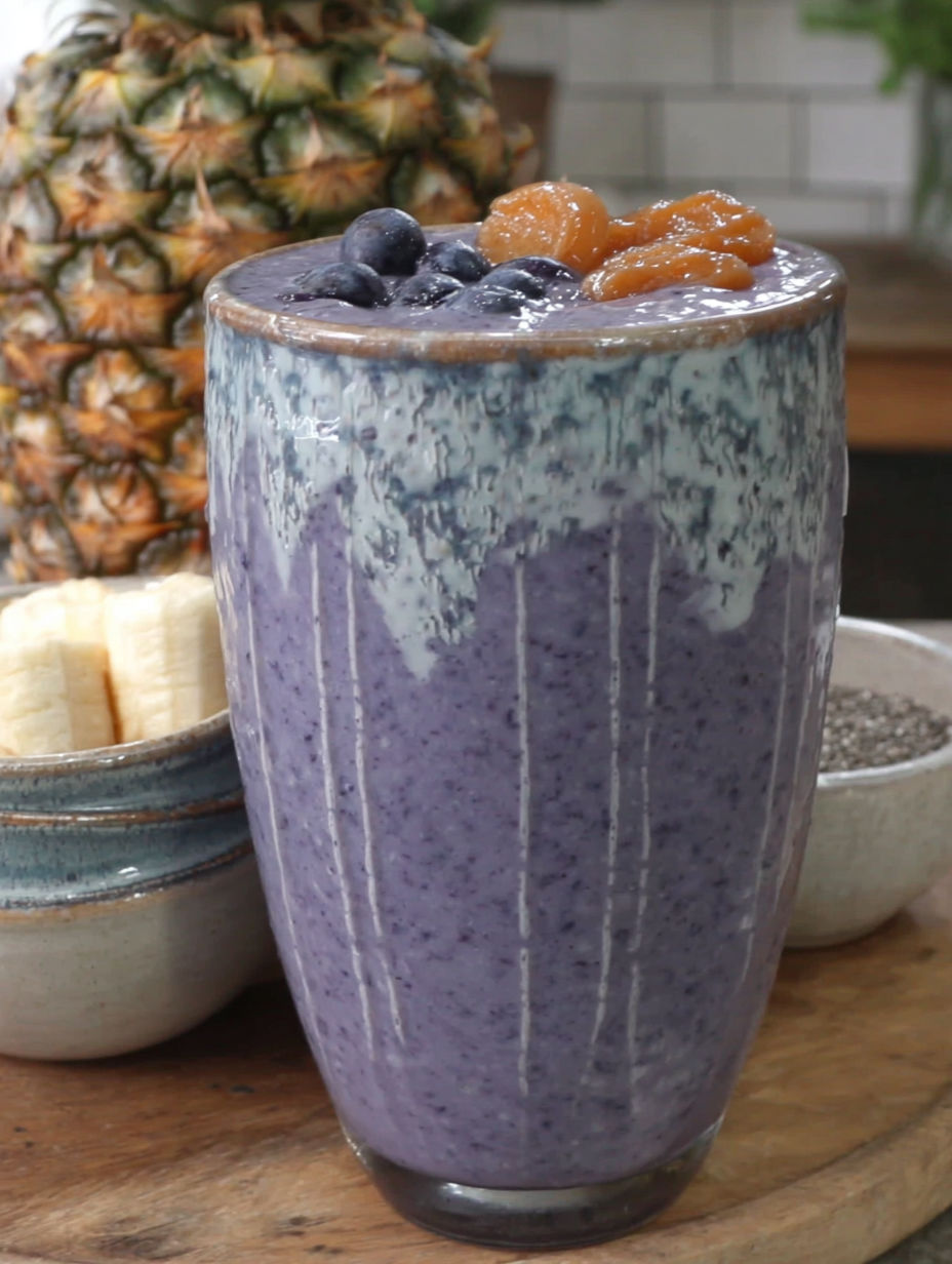 A glass of Blueberry Bliss Tropical Smoothie.