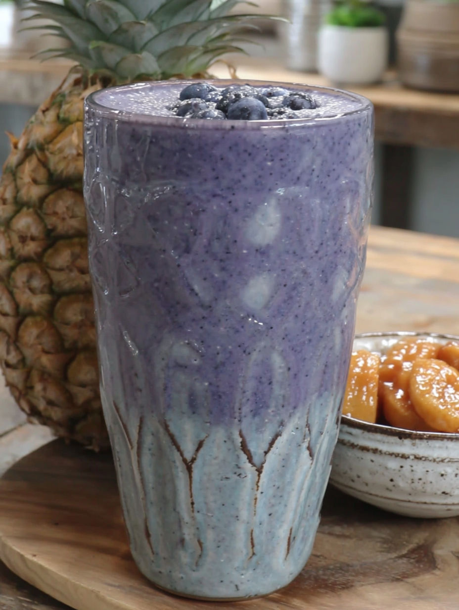 A glass of blueberry bliss tropical smoothie.