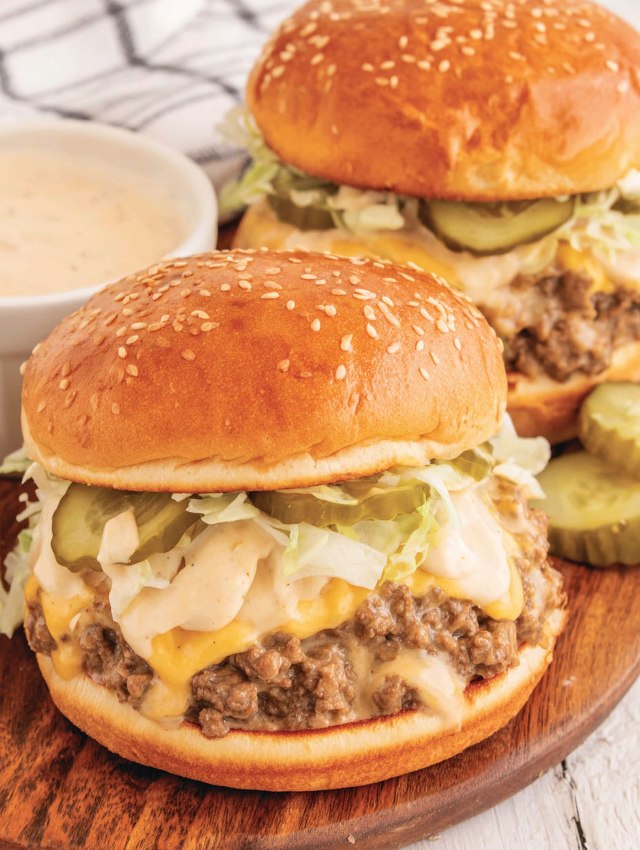 Two sloppy joe sandwiches on a wooden table.