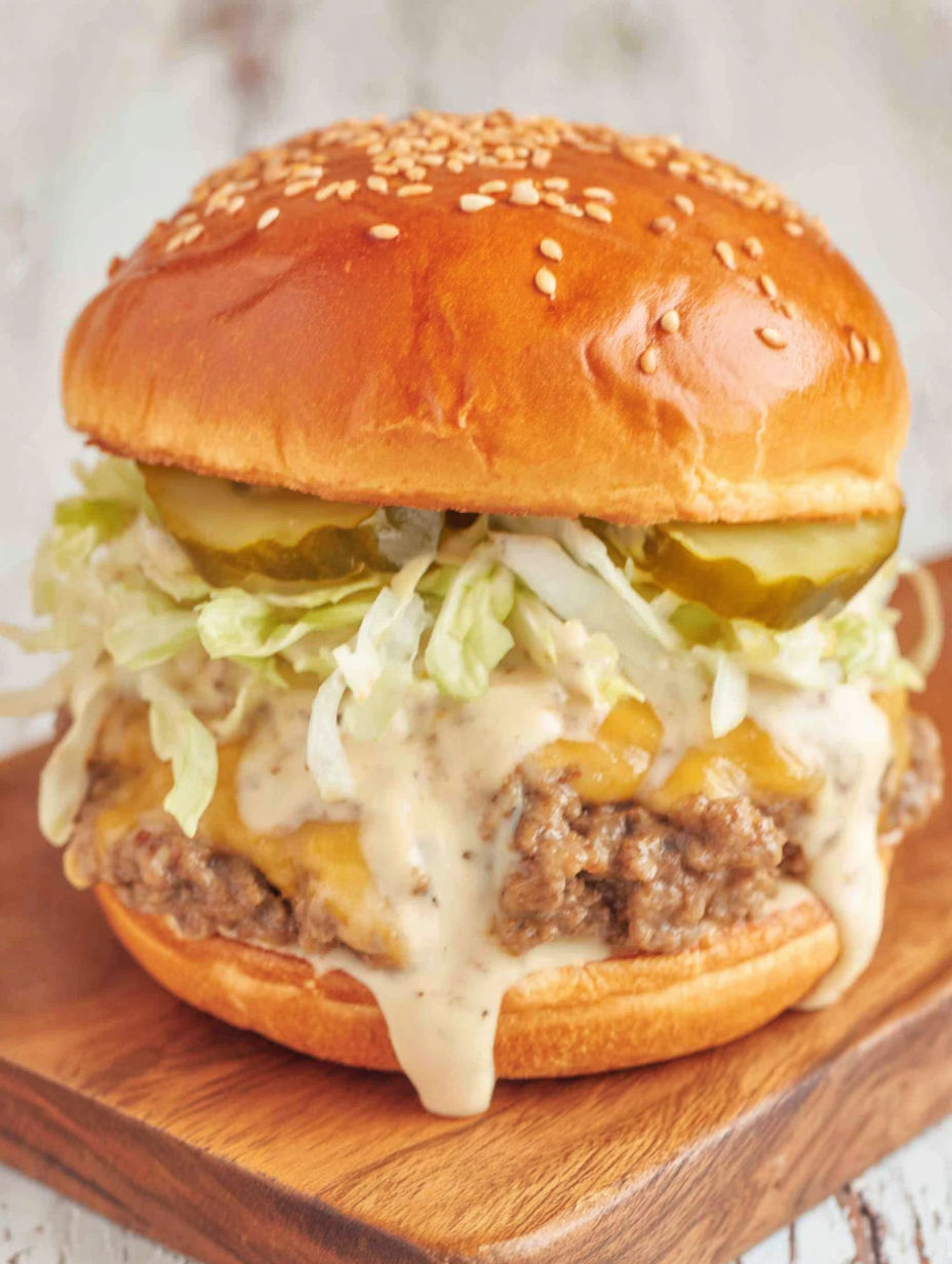 A close up of a Big Mac Sloppy Joes sandwich.