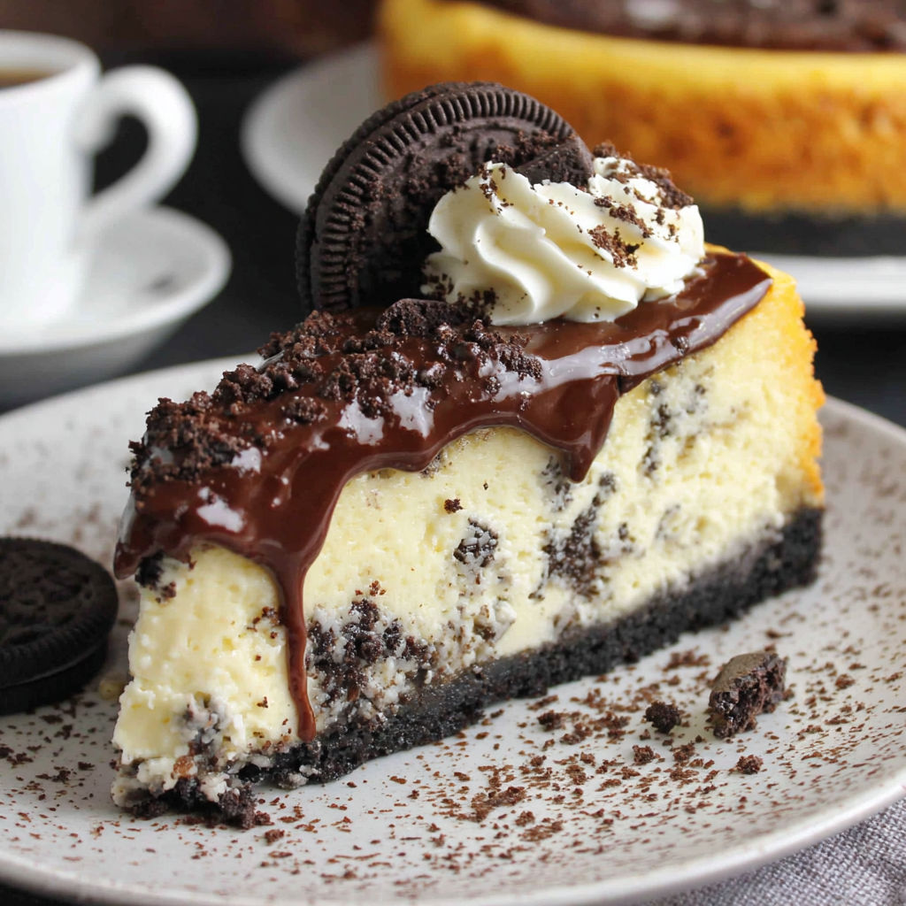 A slice of gluten free Oreo cheesecake with chocolate drizzle.