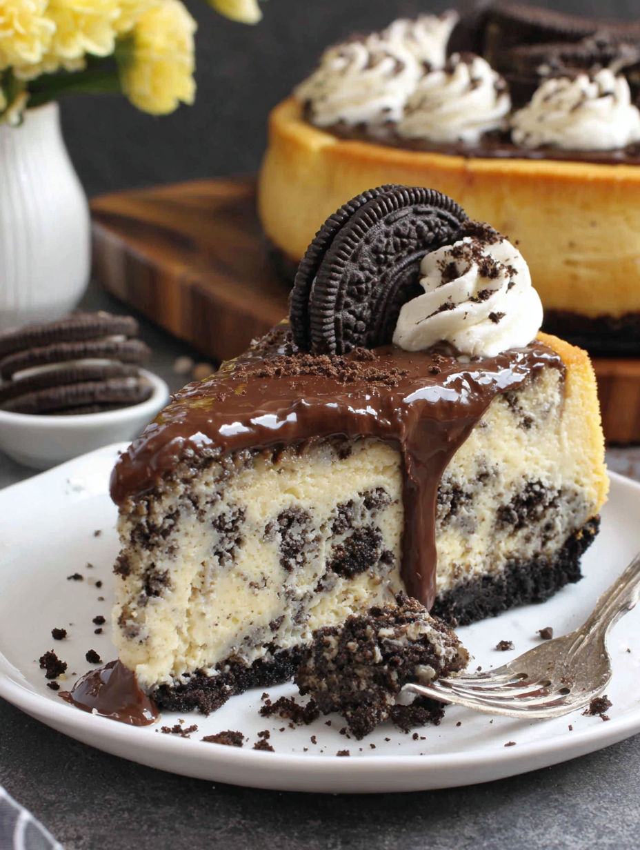 A slice of gluten free Oreo cheesecake with chocolate drizzle.