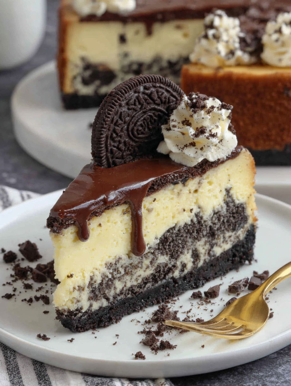 A slice of gluten free Oreo cheesecake with chocolate drizzle.
