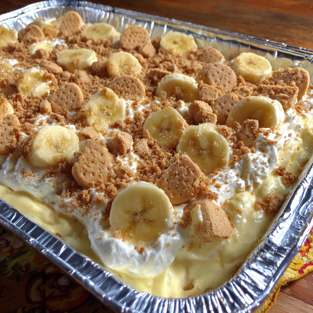 A large aluminum pan filled with banana pudding.