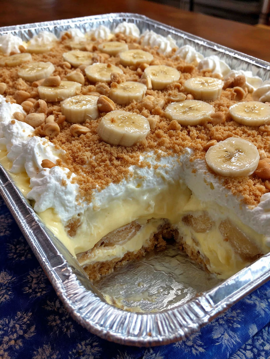A large metal pan filled with banana pudding.