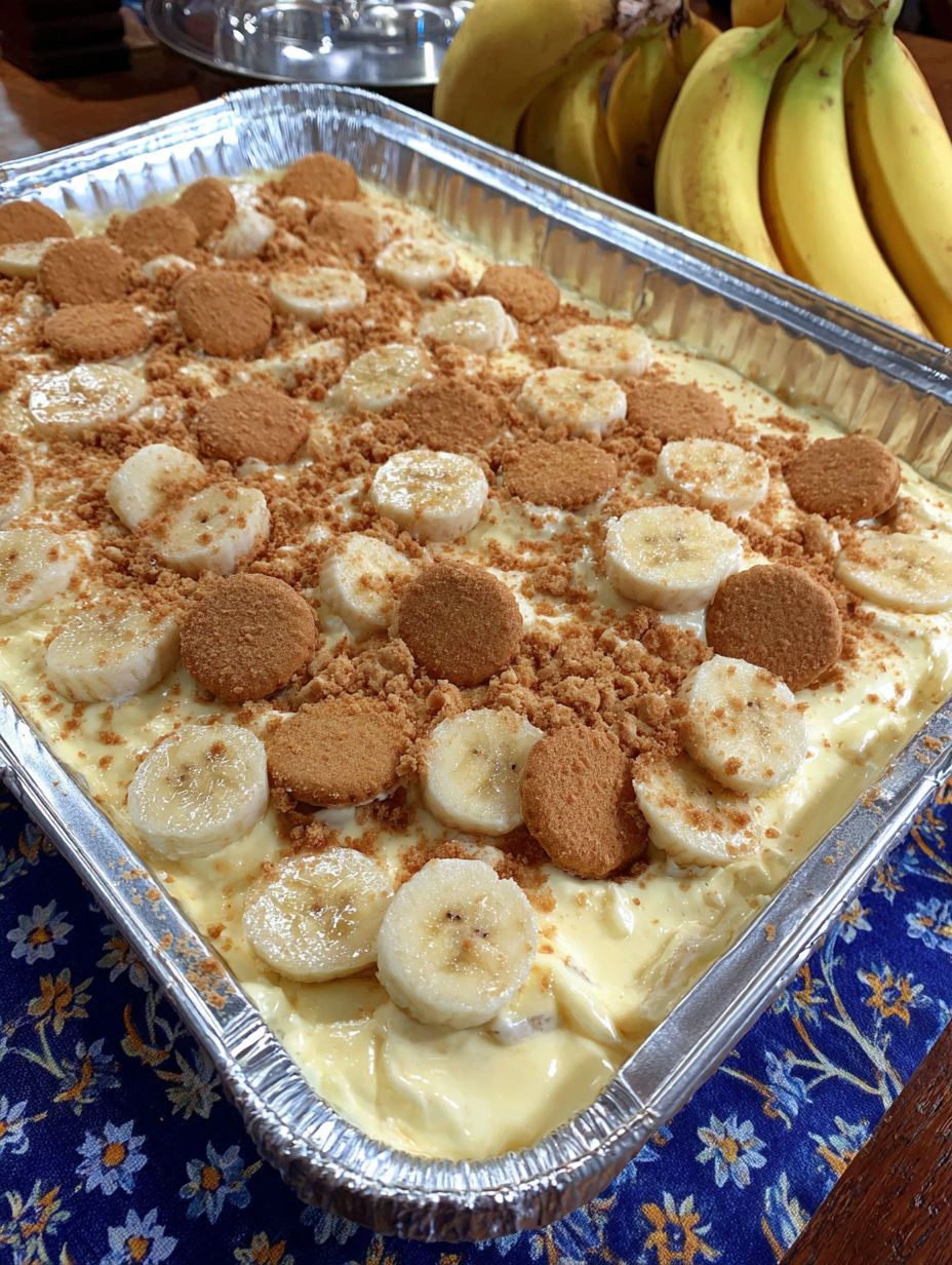 A pan of banana pudding with banana slices on top.