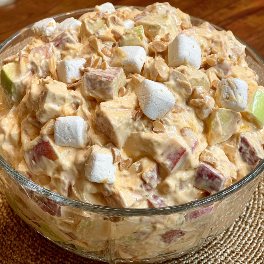 A bowl of caramel apple salad.