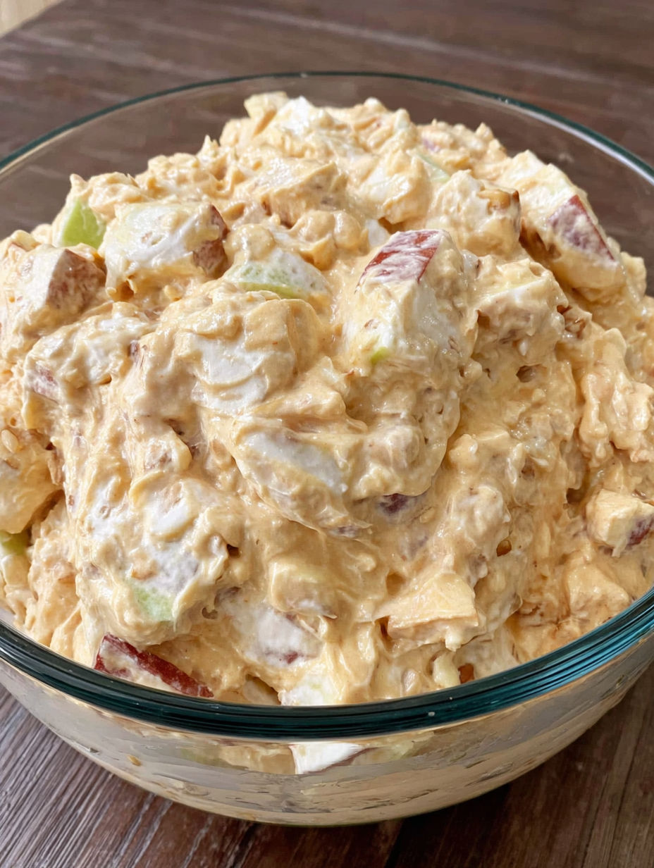 A bowl of caramel apple salad.