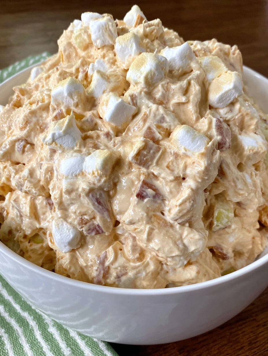 A bowl of caramel apple salad.