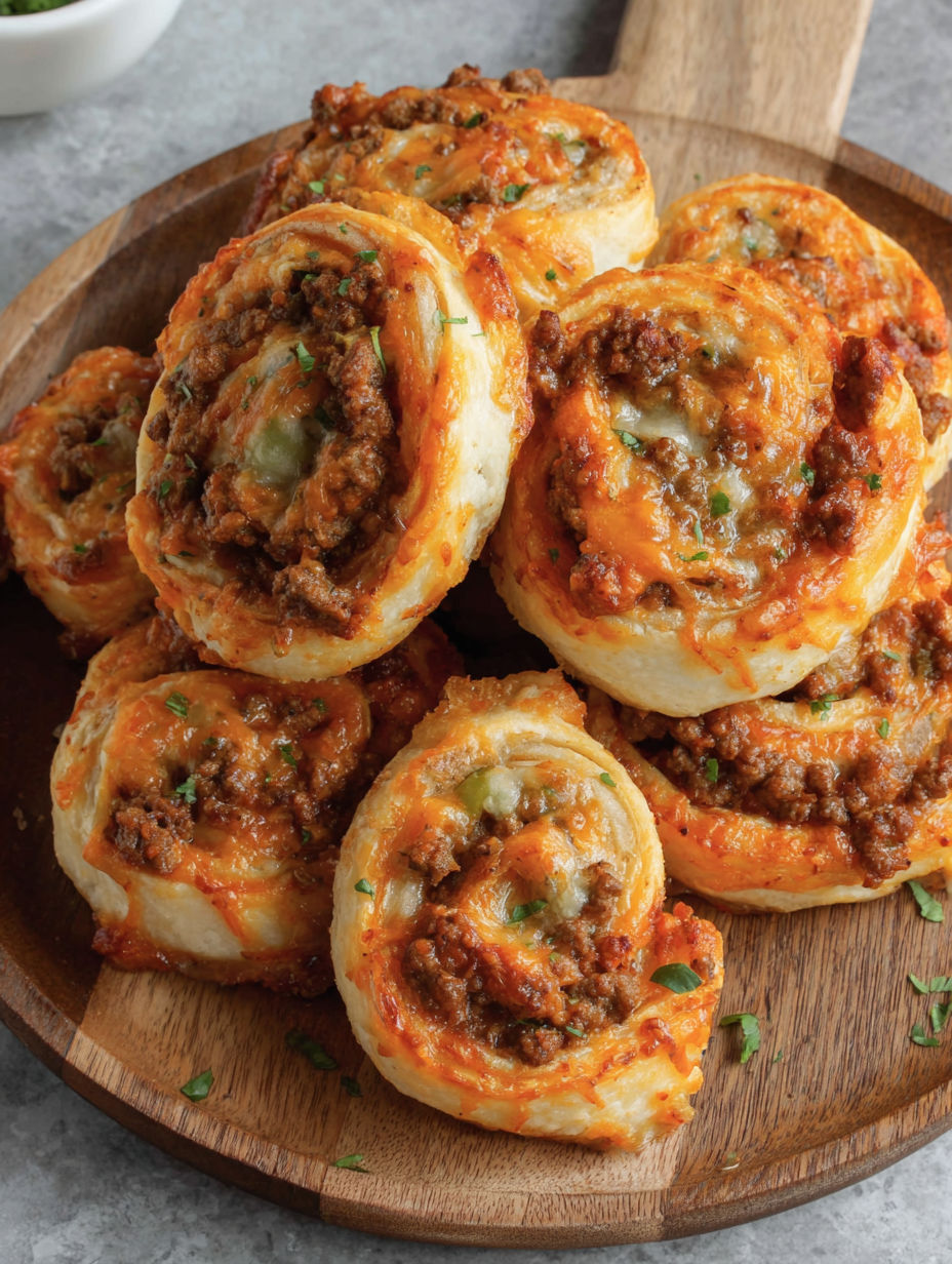 A plate of taco pinwheels with cheese and meat.