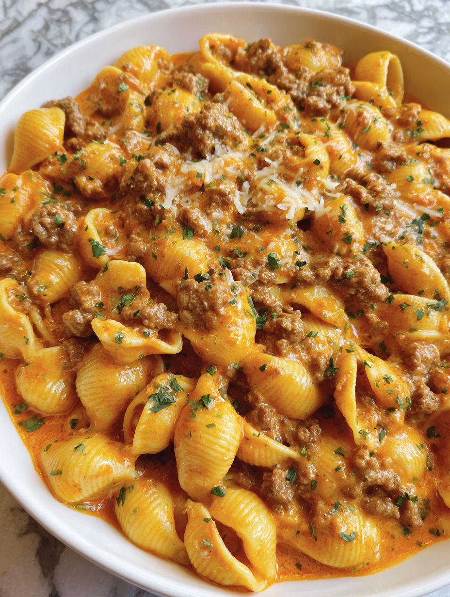 A bowl of pasta with meat sauce.