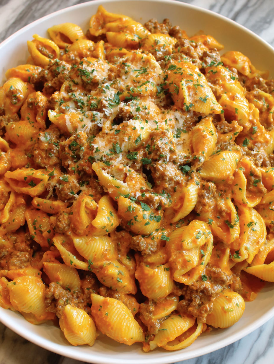 A bowl of pasta with meat and cheese.