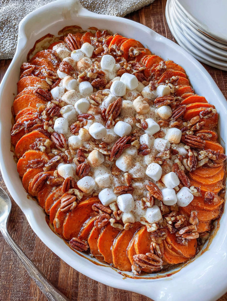 A dish of scalloped sweet potatoes with marshmallows on top.