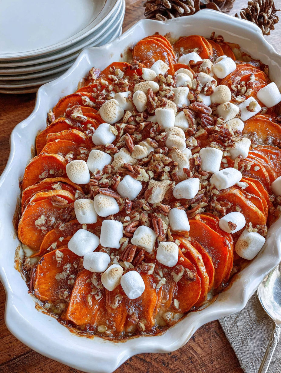A dish of scalloped sweet potatoes with marshmallows and pecans.