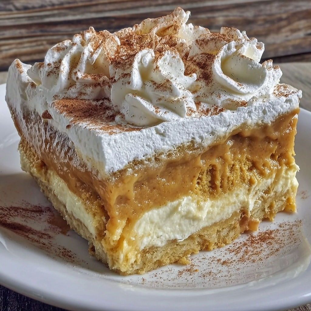 A slice of pumpkin cream puff cake.