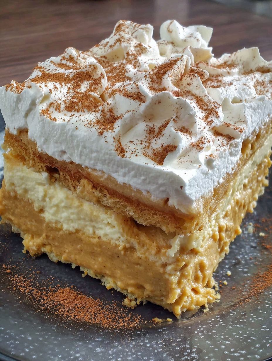 A slice of pumpkin cream puff cake.