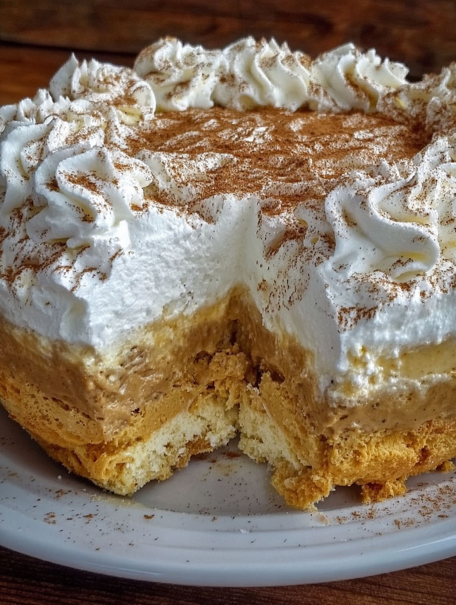 A slice of pumpkin cream puff cake.