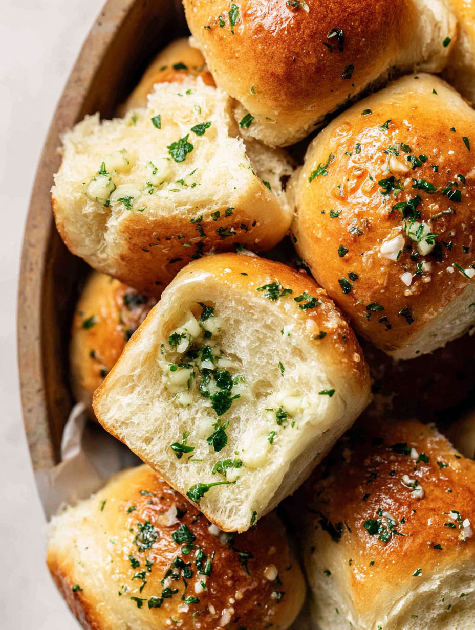 A wooden bowl filled with garlic bread rolls.