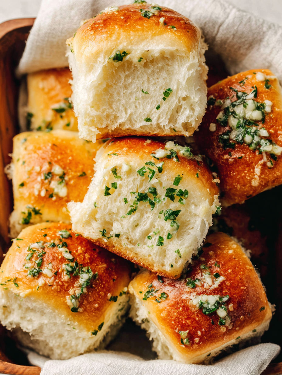 A basket of garlic bread rolls.