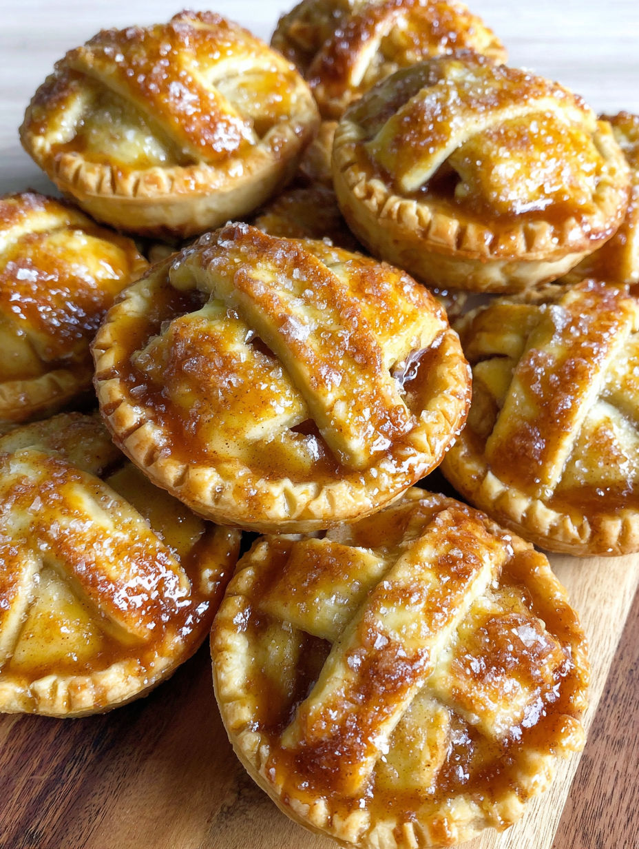 A wooden table with a bunch of mini apple pies.