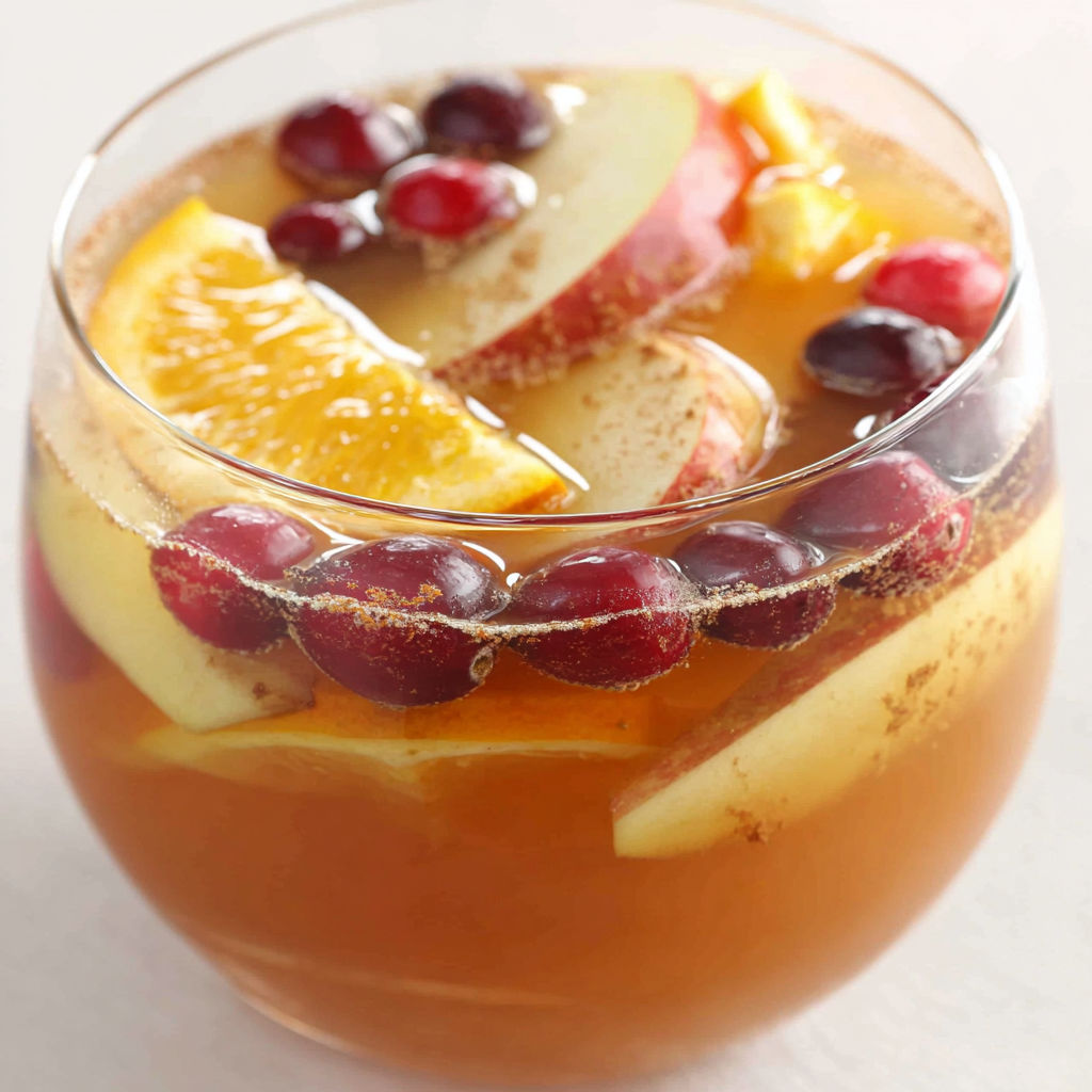 A glass of fruit punch with a slice of apple and orange.