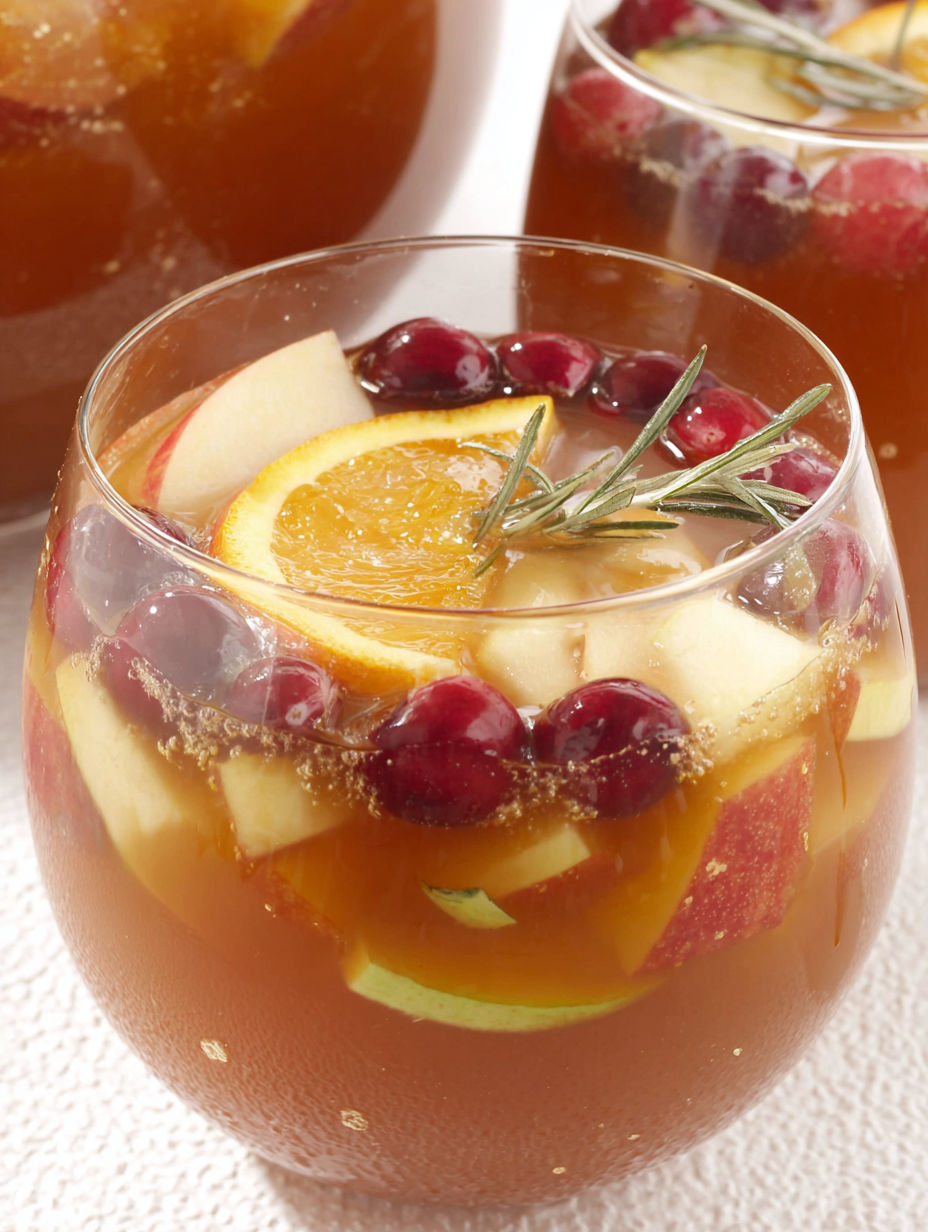 A glass of punch with a slice of orange and cranberry.