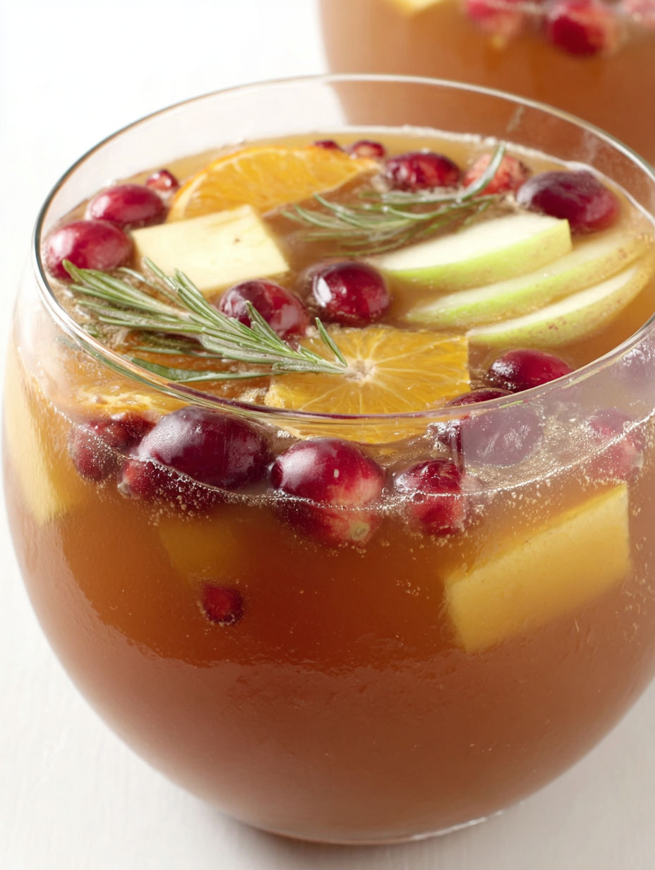 A glass of fruit punch with a slice of orange and a cranberry.