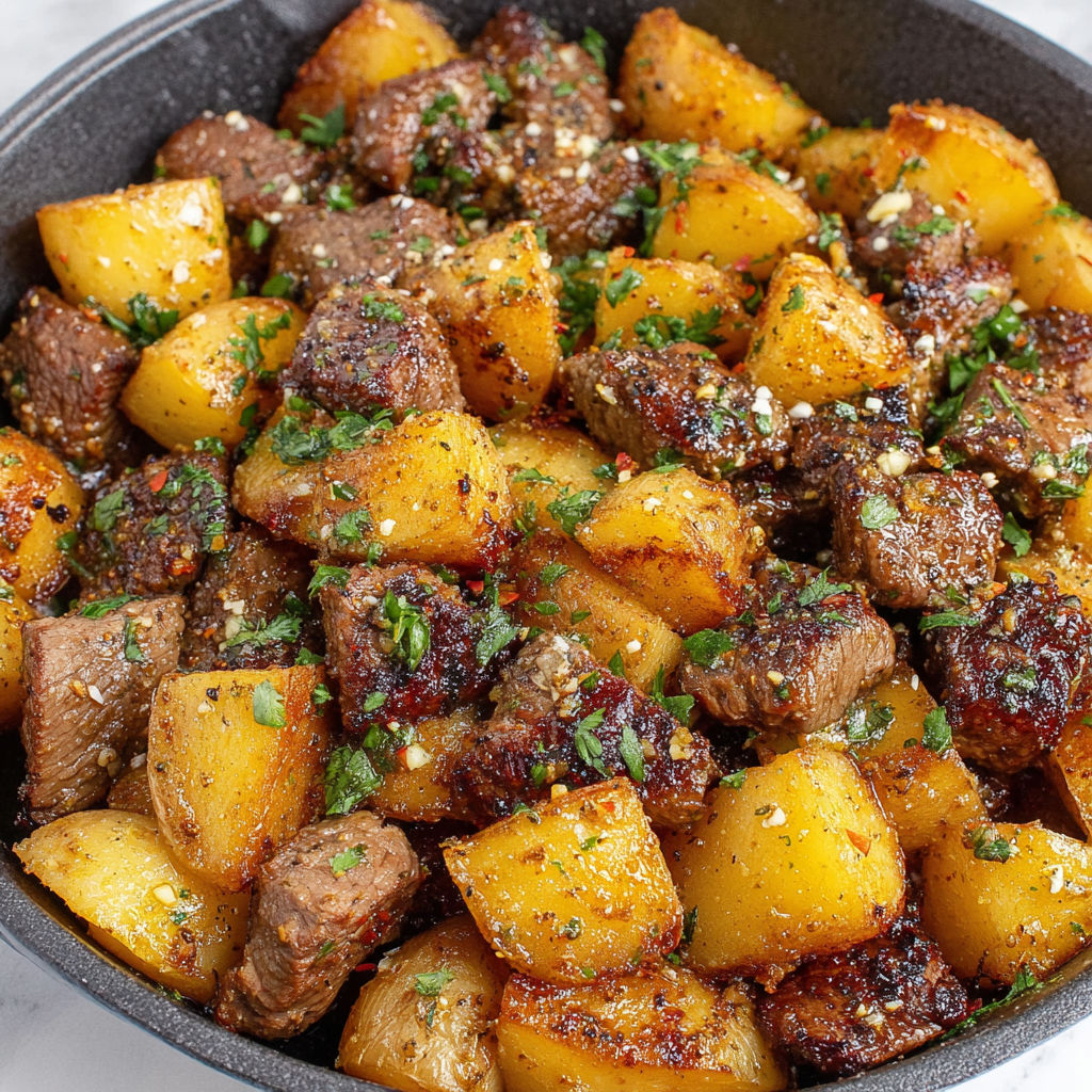 A bowl of steak and potatoes with garlic butter.