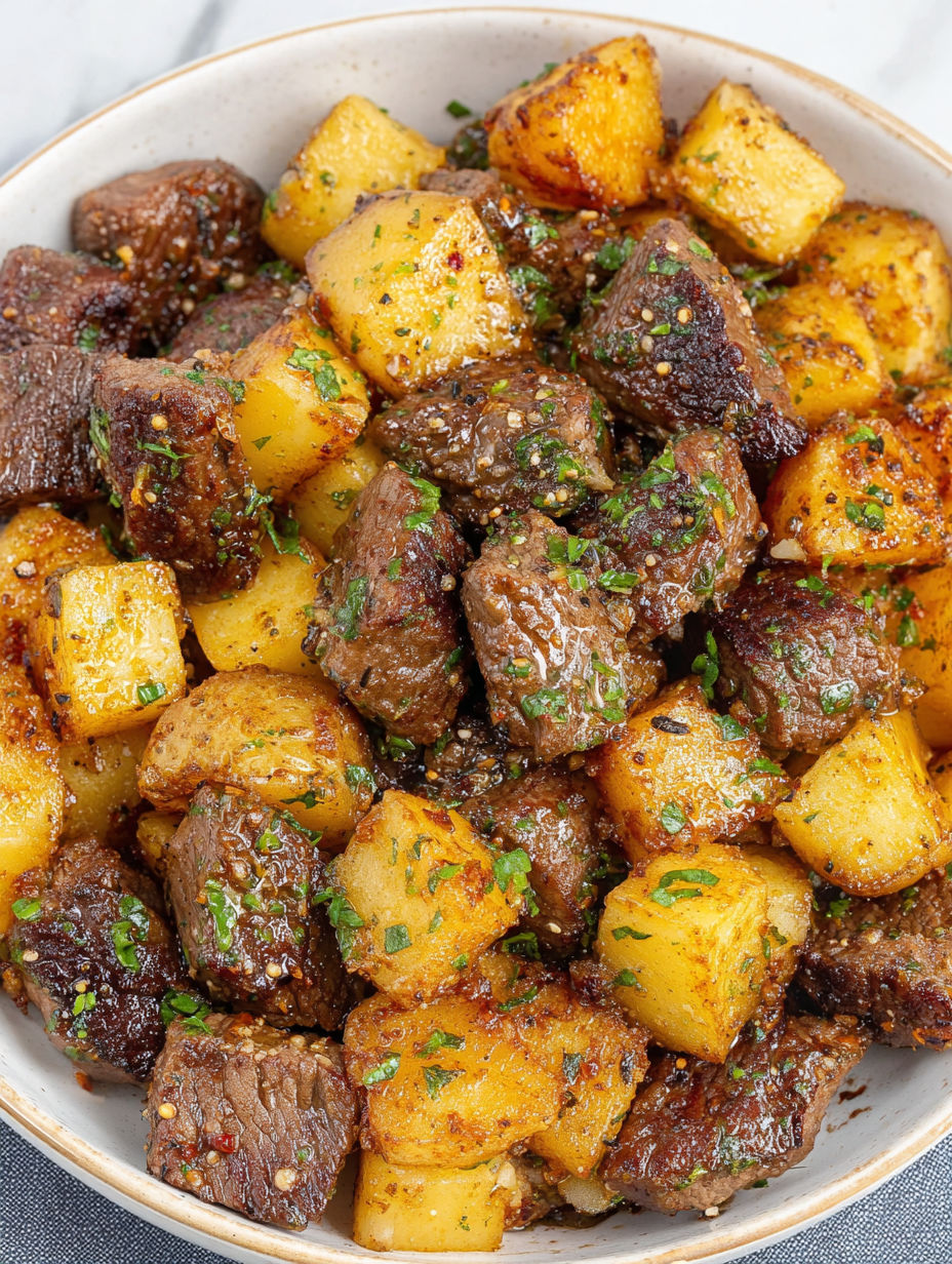 A bowl of meat and potatoes.