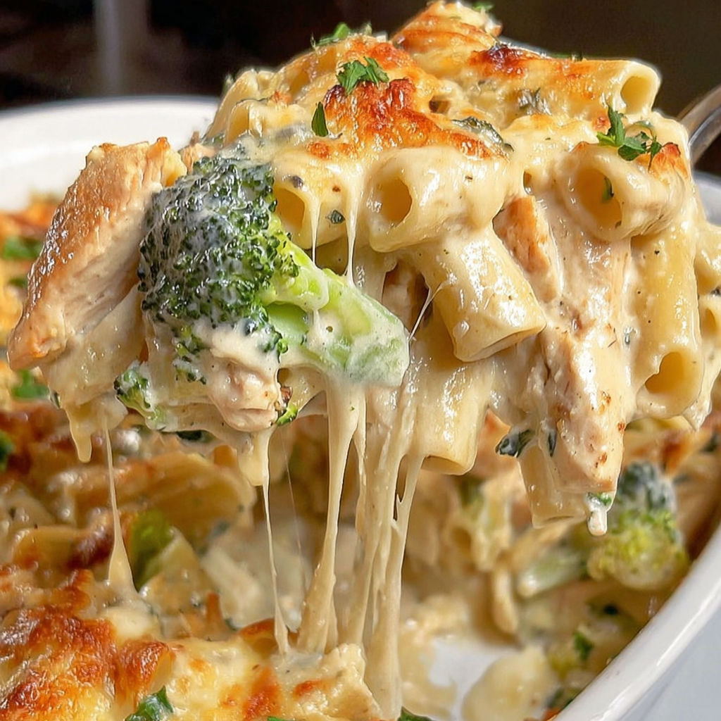 A close up of a delicious chicken and broccoli alfredo bake.