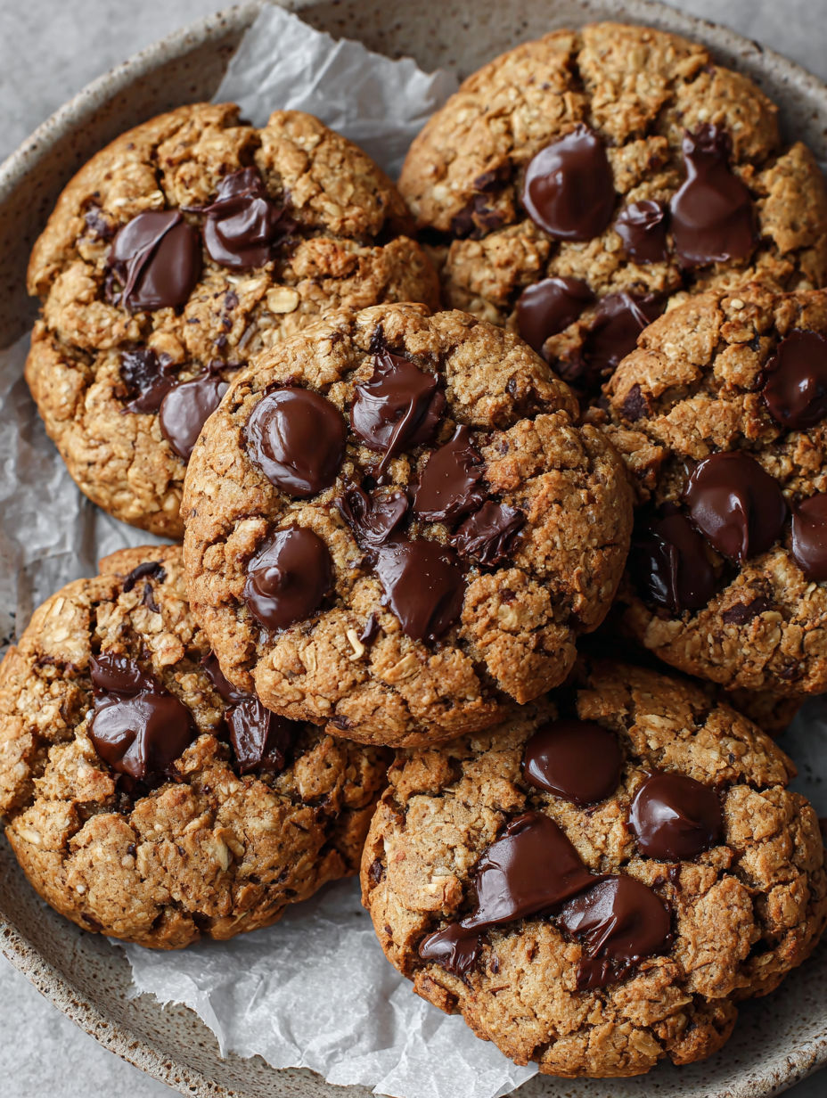 A plate of vegan oatmeal chocolate chip cookies.