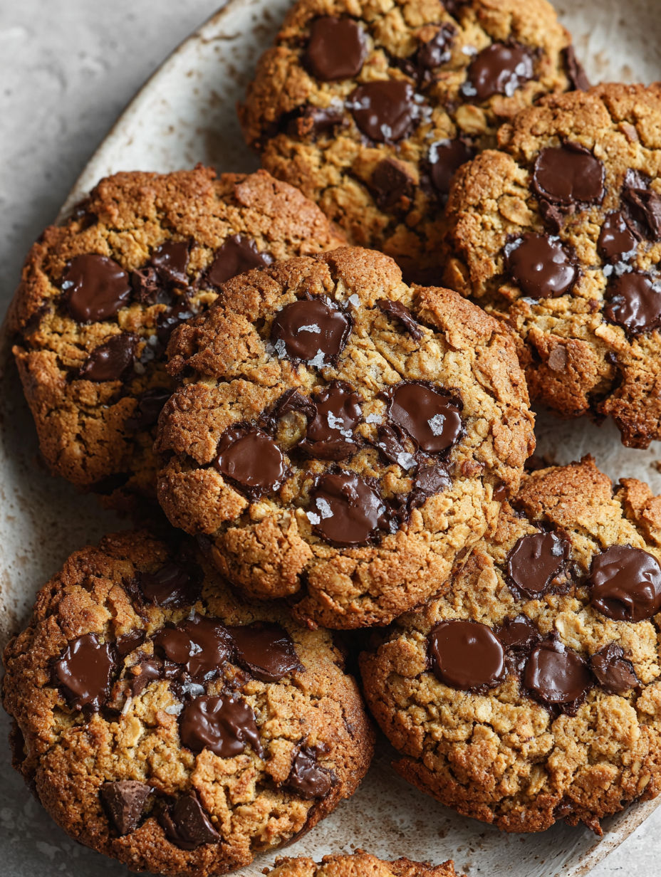 A plate of vegan oatmeal chocolate chip cookies.