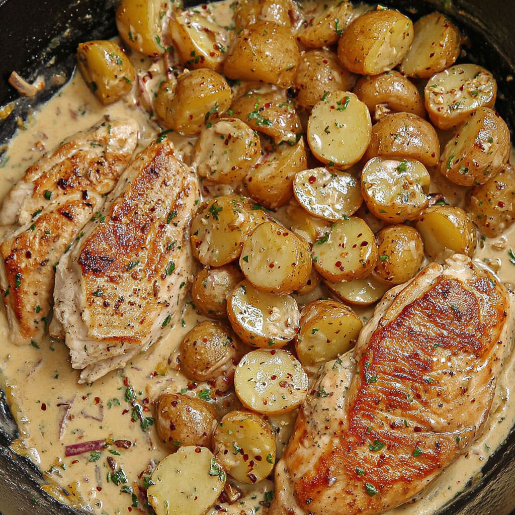 A dish of chicken and potatoes cooked in a one pot meal.