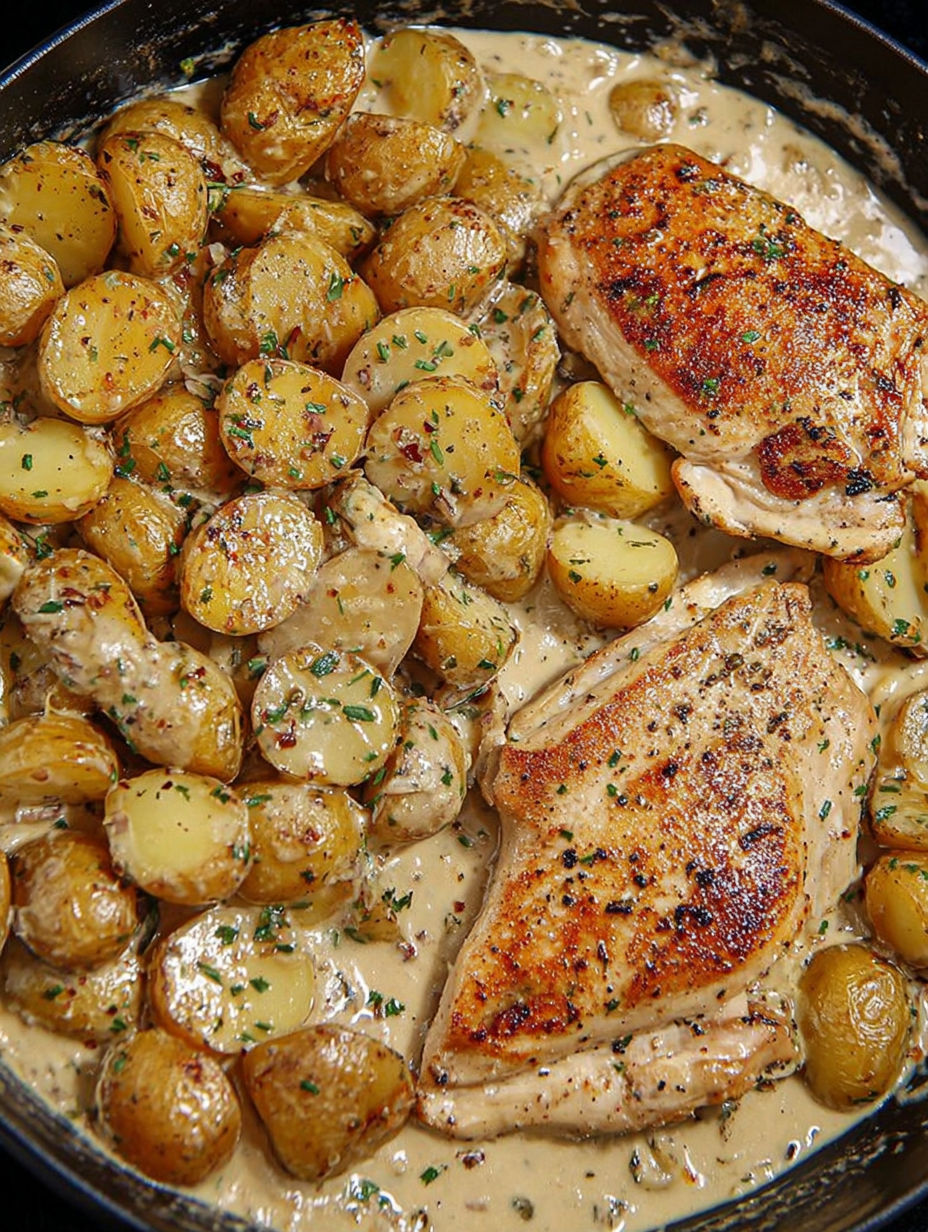 A close up of a delicious meal of chicken and potatoes.