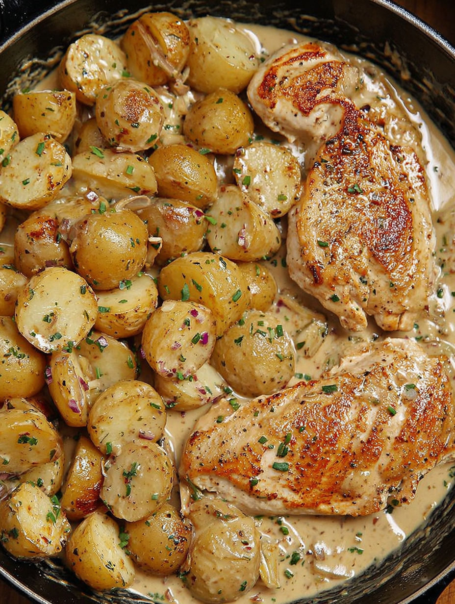 A dish of chicken and potatoes with a dijon sauce.