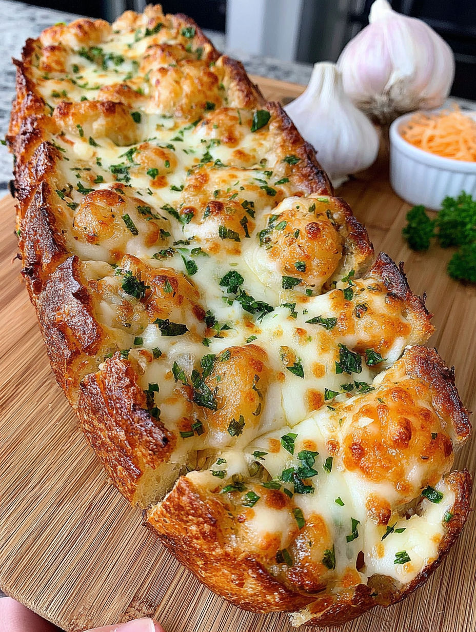 A slice of roasted garlic cheesy bread.