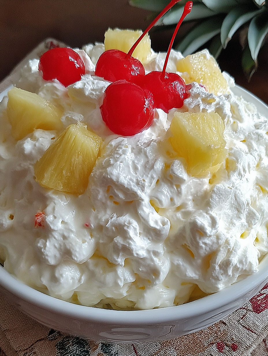 A white dessert with pineapple and cherries on top.