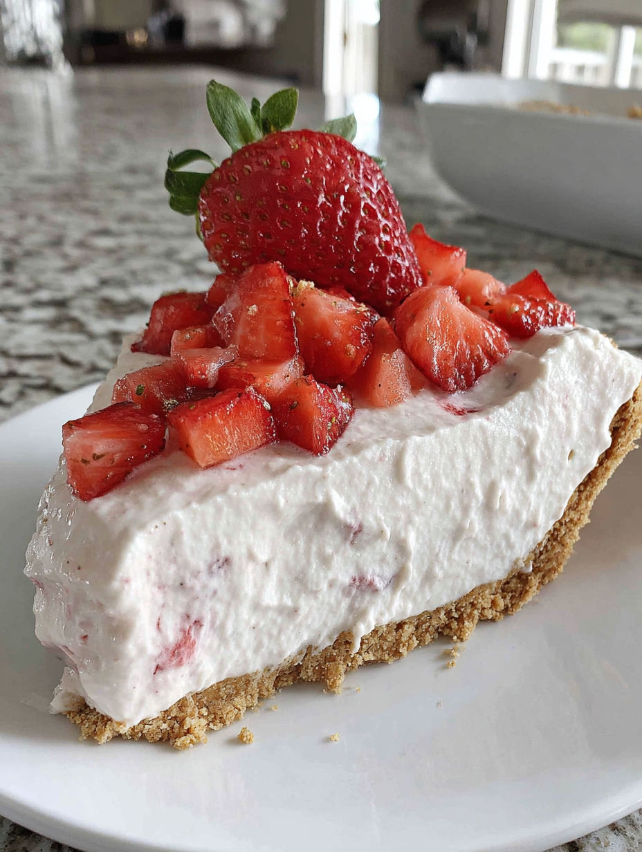 A slice of cake with strawberries on top.