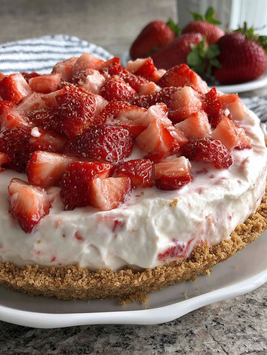 A slice of strawberry cheesecake with strawberries on top.