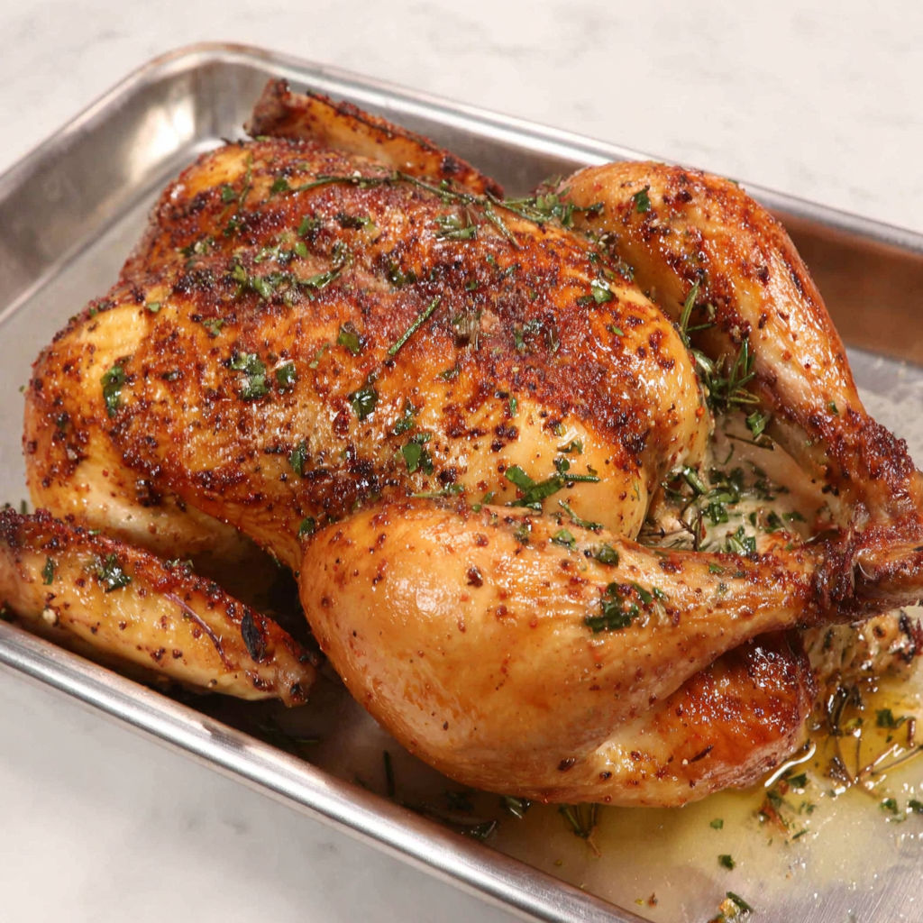 A roasted chicken with herbs and spices.