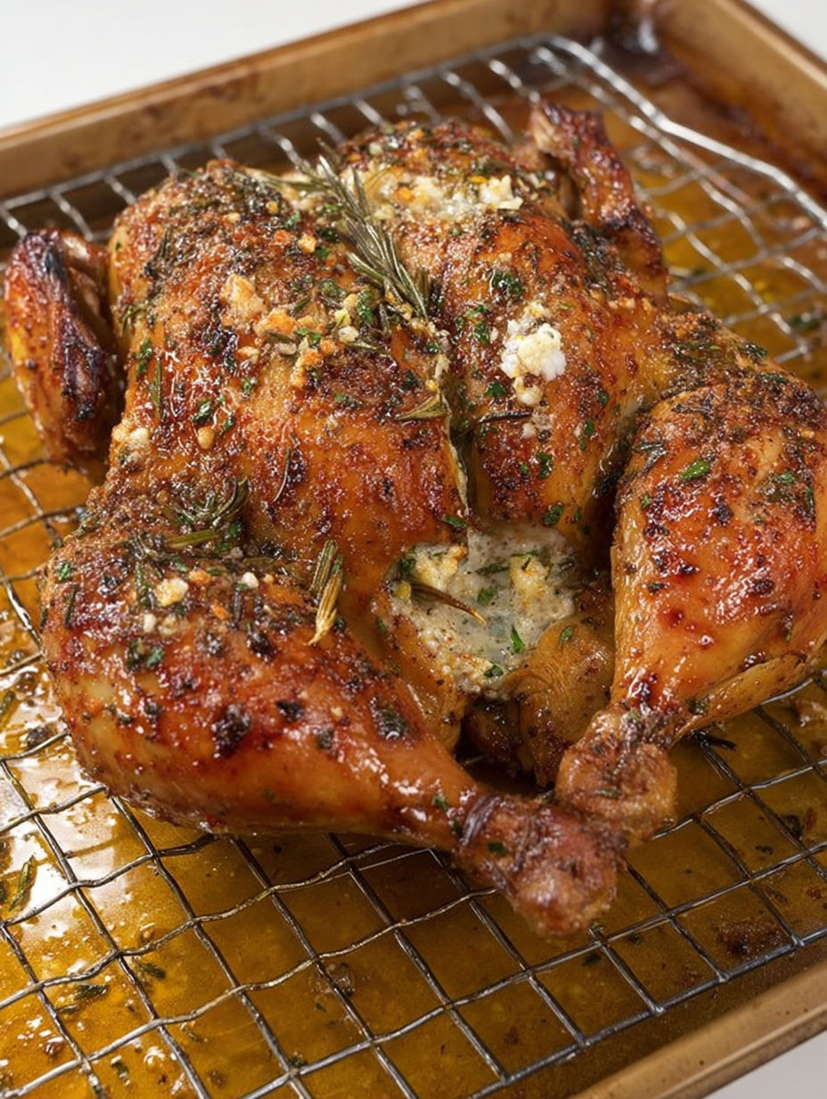 A roasted chicken with herbs and spices.